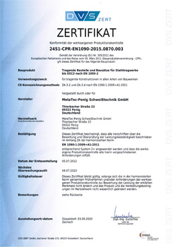 Zertifizierung der werkseigenen Produktionskontrolle nach DIN EN 1090 WPK EXC 3, Zertifizierung seit 2012